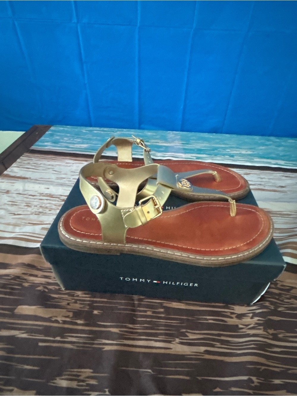Tommy Hilfiger Metallic Gold Leather T-Strap Sandals